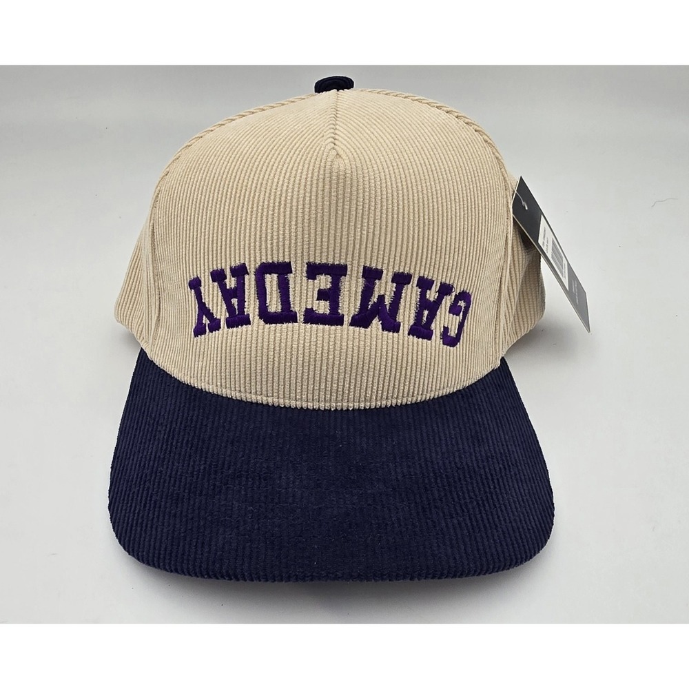 Upside‎ Down "Gameday" Corduroy Baseball Hat Snap Adjust Navy Cream Purple NWT